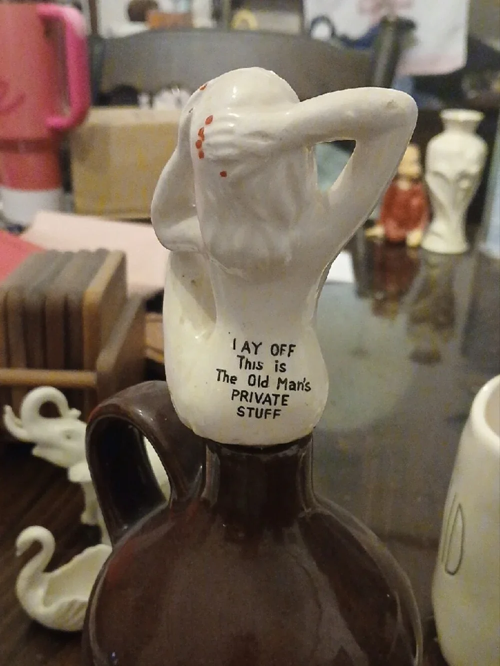 Vintage 1950 Brown Ceramic Decanter with White Figurine - Lay Off Private Stuff